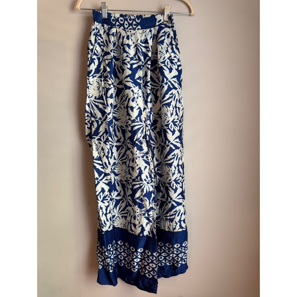 Byu Made in Italy Blue White Tropical Leaf Print Wide Leg Pants XS